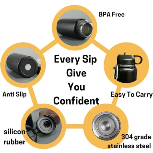 Triple Wall Vacuum Stainless Steel Water BOTTLE Insulated Stainless Steel Water Bottle 24oz with Straw-Brush-3 Lid-handle, 1L Bottle for Sports jym, Travel, office school kids water bottle (black)