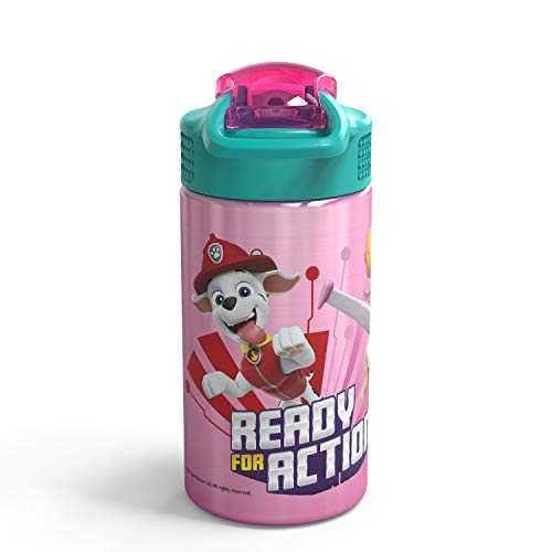 Zak Designs 18/8 Stainless Steel Kids Water Bottle with Flip-up Straw Locking Spout Cover, Durable Cup for Sports or Travel (15.5oz, Paw Patrol Skye),PWPT-S732