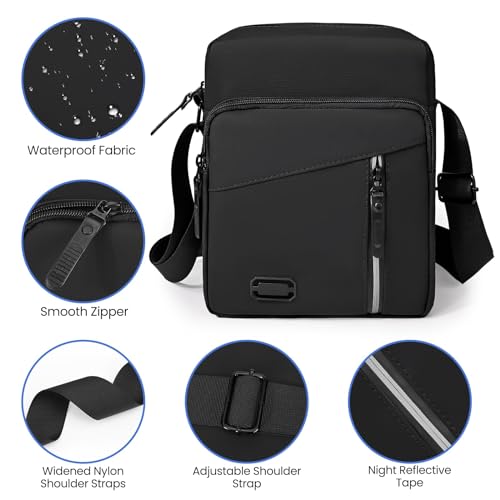 KASTWAVE Shoulder Bag Mens Crossbody Bag with Adjustable Strap Lightweight Waterproof Messenger Bag wiht Multiple Pockets Cross Body Bag for Daily Use Shopping Working Travel, Black