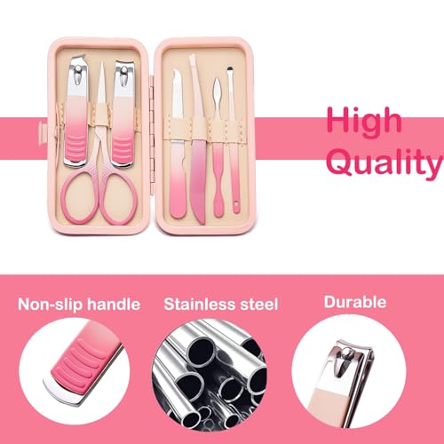 Azonee Manicure Set, 7 Pcs Stainless Steel Manicure Kit, Professional Nail Clipper Kit Pedicure Care Tools, Portable Travel Grooming Kit for Men and Women with Leather Case