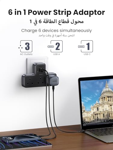 UGREEN 6-in-1 Power Strip Surge Protector Extension Plug Multiple 3 AC Outlet Sockets, USB C Fast Charger 3 USB Ports, Triple UK Plug Extender Type C Charging Station for Kitchen, Home Office