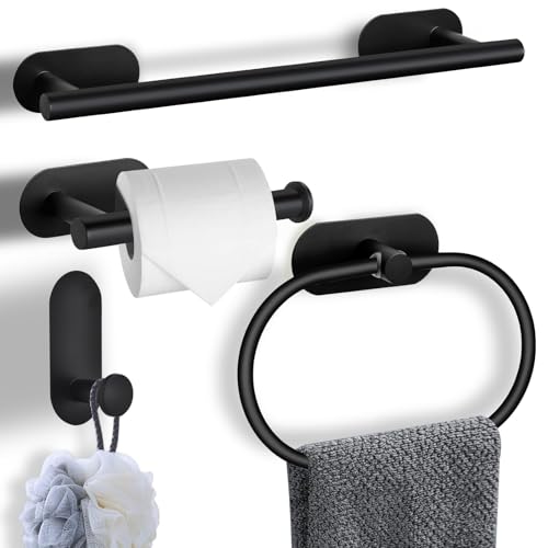 ZERIFAM Bathroom Towel Holder - 4-Pieces Towel Rack Bathroomï¼ŒBathroom Hardware Set No Need To Drill Holes,Includes Toilet Paper Holder, Clothes Hook, And Two Towel Racks (BLACK)