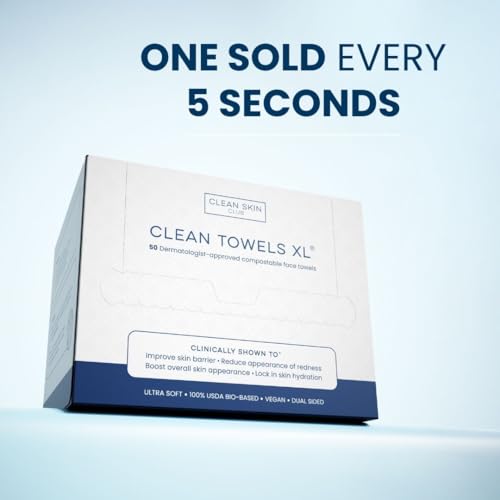 CLEAN SKIN CLUB CSC CT Clean Towels XL/World's First Biodegradable Face Towel/Disposable Makeup Removal Wipes/Super Soft 50 Count Single BoxWhite