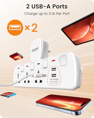 LENCENT Multi Plug Extension Socket with USB, 3 Way Electrical Outlet Extender with 2 USB, Wall Charger, Universal Plug Adapter, Charging Station for Home, Office, Kitchen, Individually Switched