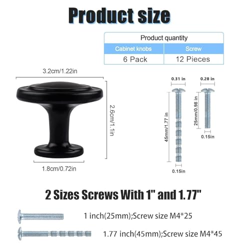 Kalolary Black Cabinet Knobs, 6 Pack 1-1/4 inch Kitchen Drawer Knobs Round Single Hole Cabinet Hardware for Dresser Drawer Cabinet