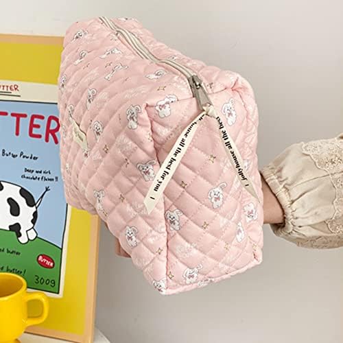 Juoxeepy Cotton Makeup Bag Large Travel Cosmetic Bag Quilted Cosmetic Pouch Coquette Aesthetic Floral Toiletry Bag, A-White, 10x5.9x5.3in