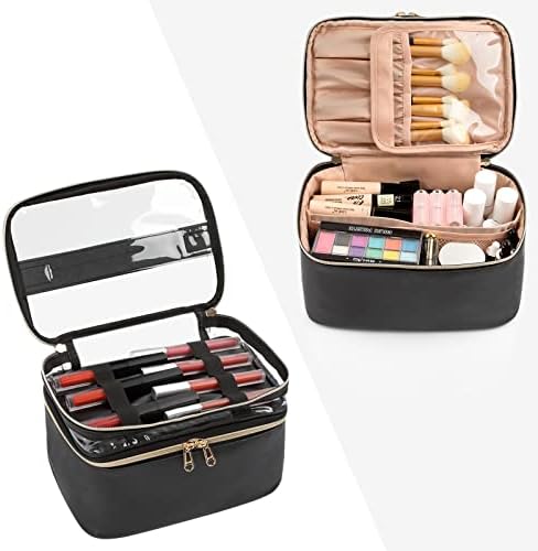 OCHEAL Makeup Bag, Portable Cosmetic Bag, Large Capacity Travel Makeup Case Organizer, Black Makeup Bags For Women Toiletry Bag for Girls Traveling With Handle and Divider
