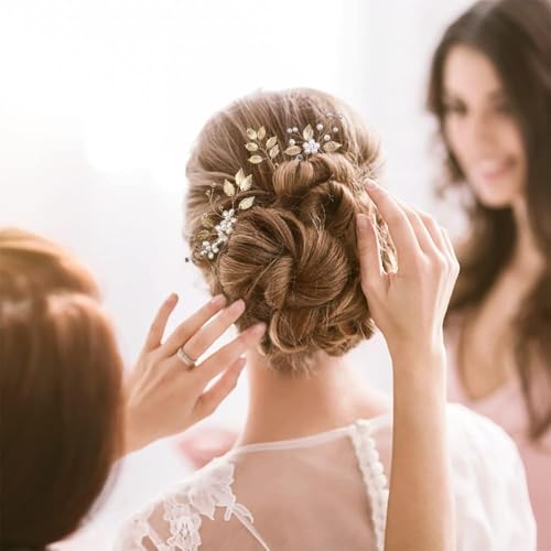 4 Pieces Bridal Wedding Hair Pins, Gold Leaf Hair Pins, Crystal Pearl Flower Hair Forks Vintage Bridal Hair Accessories Wedding Hair Clips Headpiece for Brides Bridesmaids Flower Women and Girls