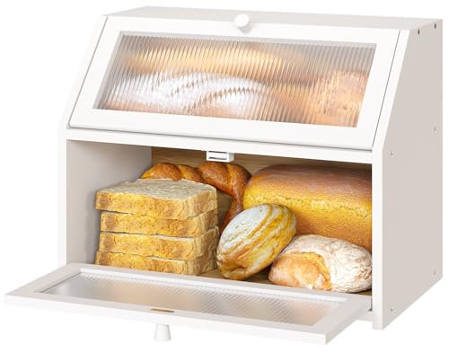 Vriccc White Bread Box for Kitchen Counter, Large Bamboo Wood Double Layer Bread Box, Wooden Bread Storage Capacity