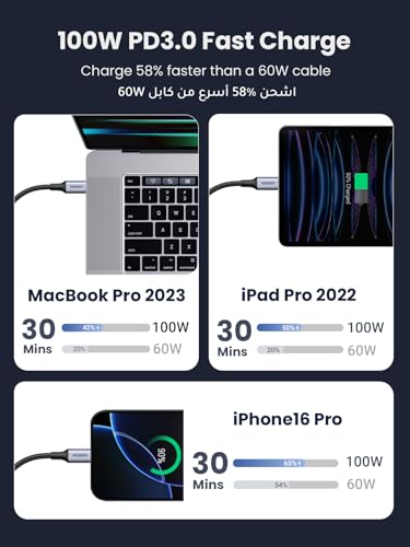 UGREEN USB C Cable 3M, Braided 100W Power Delivery PD Super Fast Charge Cable USB C to Type C for iPhone 15/16 pro max, iPad mini 7, MacBook Pro, iPad, Samsung S25/24/23 Ultra, Huawei P70