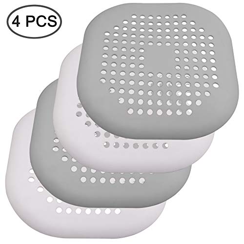 SENHAI 4 Pcs Silicone Drain Protector with Sucker, SENHAI Sink Strainer Shower Hair Catcher Bathtub Drain Cover for Kitchen Bathroom - White,Grey