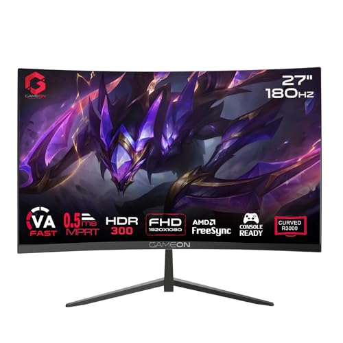 GAMEON GOC27F180VA Pro Series Curved Gaming Monitor 27 inch, 1920x1080p FHD Fast VA Panel, 180Hz, 0.5ms, HDMI 2.1, G-Sync & Freesync, Crosshair assistant, Built-in Speakers, Supports HDR, PS5, VRR