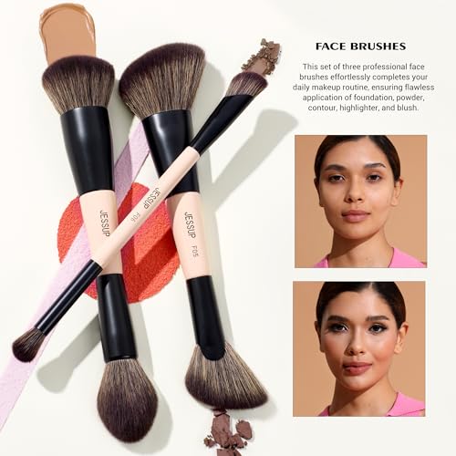 Jessup Makeup Brushes Set 14-in-7 Double Sided Makeup Brushes for Foundation Concealer Blush Eyeshadow Contour Bronzer Powder Blending Eyebrow Eyeliner, Cruelty-Free Make up Brushes Peach Dust T600