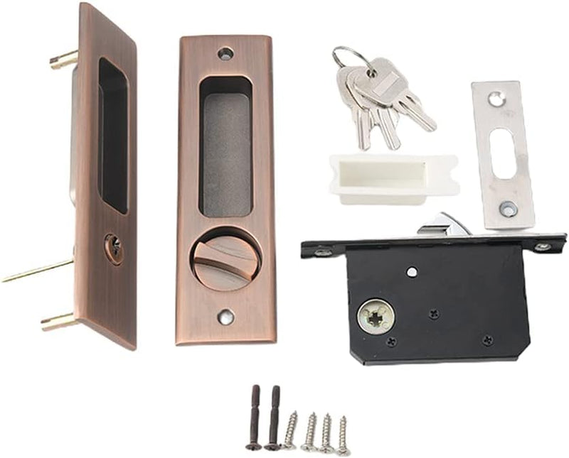 youthua 6.3â€ Privacy Pocket Door Lock Hardware,Invisible Sliding Door Lock with Keys,Recessed Handle Latch, Double Barn Door Lock, Invisible Furniture Hardware (Red Copper)