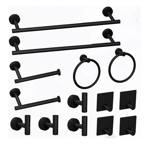 THE WHITE SHOP 14 Pcs Bath Towel Bar Set, Matte Black Stainless Steel Bathroom Hardware Set Matt Black Towel Holder Kit Hand Towel Holder Towel Ring Robe Hooks Water-Resistant, Rust-Resistant