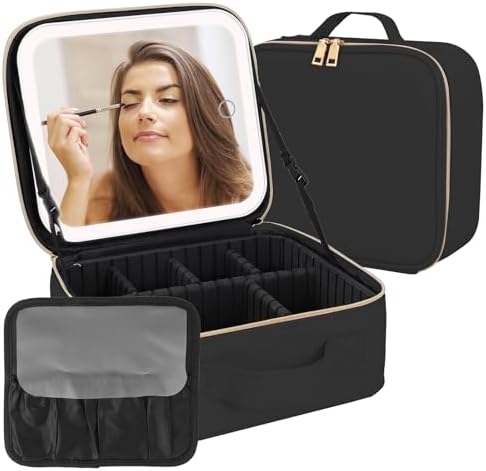 MOMENT Makeup bag with LED mirror, Travel Makeup Bag 3 Adjustable Brightness LED makeup bag with mirror and Dividers suitable for your Jewelry, Essential oil,Toiletries storage and makeup daily Pink
