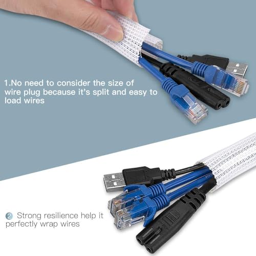 AGPTEK 6.6ft - 2/3 inch White Cable Sleeve Cover, Cord Protector Management Wire Loom Tubing Cable Sleeve Split Sleeving for Desk PC TV Computer Cable Protect Cat from Chewing Cord, White