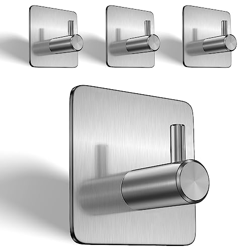 Self-Adhesive Wall Hooks (Pack of 04Pcs) - 304 Stainless Steel Waterproof and Anti-Rust Hooks for Hanging - Ideal Bathroom, Kitchen and Bedroom Hooks for Holding Keys, Coats, Hats, Robes & Towels