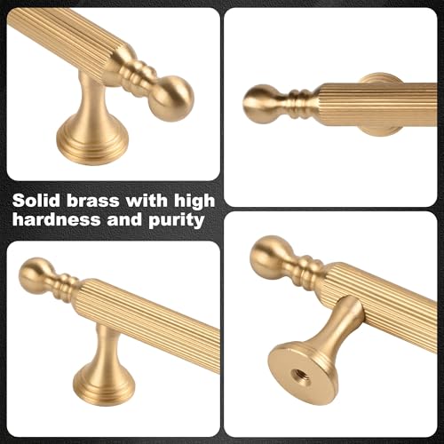 TERRIFI 2 Pack Solid Brass Kitchen Cabinet Handles, 3-3/4 Inch Gold Dresser Drawer Pulls, Modern Furniture Door Handles for Bathroom Cabinets, Wardrobe, and Closet Doors