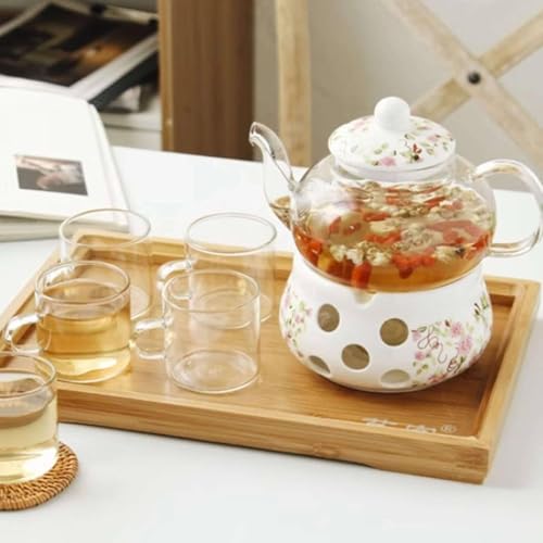Lomeshow Chinese Flower Ceramic Teapot and Heater, ceramic arabic teapot, Ceramic Teapot with Infuser, Glass Tea Set, Tea Warmer Stand(Without Candle)-a-Base&teapot