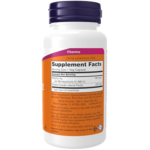 NOW Supplements, Vitamin K-2 100 mcg, Menaquinone-4 (MK-4), Supports Bone Health*, 100 Veg Capsules