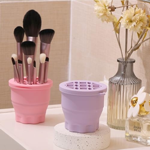 3-IN-1 Silicone Makeup Brush Cleaner & Holder - Portable Folding Washing Tool,Travel-Friendly Brush Cleaner Mat for Brushes,Sponge,Powder Puff - Cosmetic Brush Cleaning & Drying Organizer-Purple
