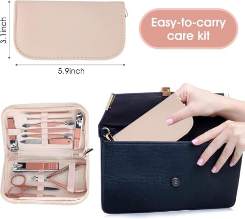 Tazweeq Nail Clippers and Beauty Tool Portable Set, Rose Gold Martensitic Stainless Steel Manicure Set 12 in 1, with Pink Leather Bag, Suitable for Home, Workplace, Outdoor Travel, Gift Giving, Salon