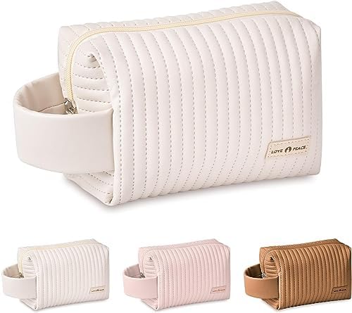 Small Makeup Bag, PU Striped Leather Cosmetic Bag, Portable Travel Makeup Pouch,Waterproof Cosmetic Pouch with Handle,Cute Makeup Bags for Women and Girls (Blue)
