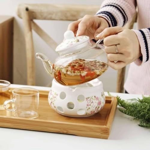Lomeshow Chinese Flower Ceramic Teapot and Heater, ceramic arabic teapot, Ceramic Teapot with Infuser, Glass Tea Set, Tea Warmer Stand(Without Candle)-a-Base&teapot