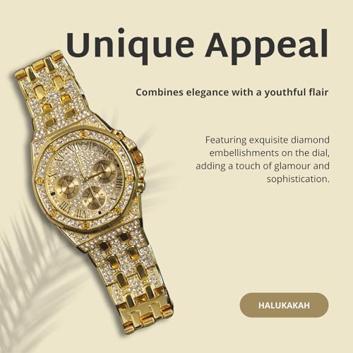 Halukakah Diamonds Watch Iced Out for Boy Teens Kids - 18K Real Gold/Platinum Plated,40mm Roman Numerals Octagonal Dial,Japanese Quartz - 20cm Length -Optional with Cuban Link Chain,with Adjuster Tool