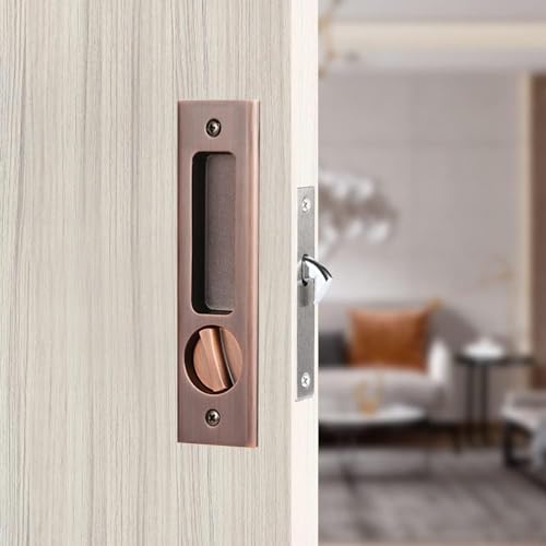 youthua 6.3â€ Privacy Pocket Door Lock Hardware,Invisible Sliding Door Lock with Keys,Recessed Handle Latch, Double Barn Door Lock, Invisible Furniture Hardware (Red Copper)