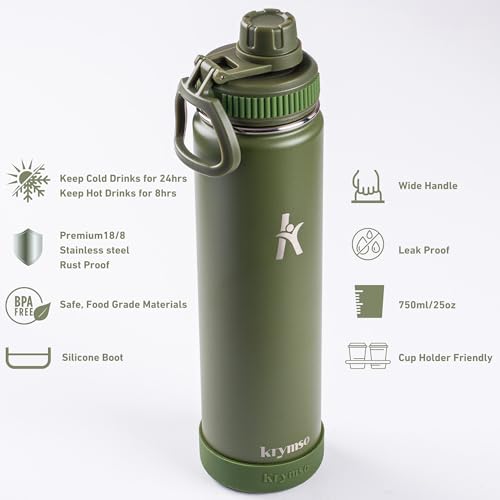 KRYMSO, 750ml Stainless Steel Water Bottle, Double Wall Insulated Water Bottle, Leak Proof, BPA Free, Silicone Boot, Thermos Bottle, Cold Hot Bottle for Kids, School, Gym (Forest Green)