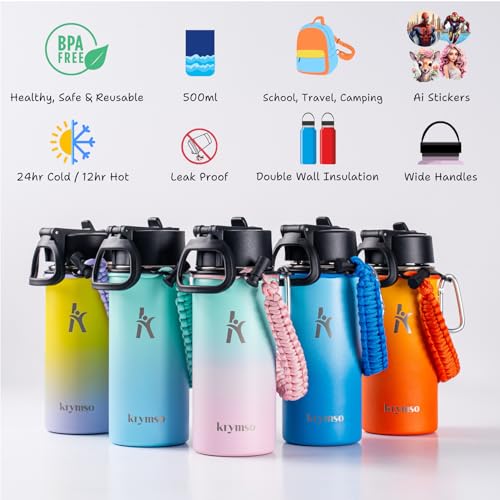 KRYMSO, 500ml Stainless Steel Water Bottle with Ai Stickers for Kids with Straw, Thermos, Insulated Cup, Water 500ml Cotton Candy)
