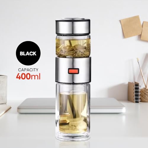 Glass Tea Infuser Bottle â€“ Double Wall Borosilicate Glass Mug with Stainless Steel Strainer â€“ Leakproof Portable Tea Bottle for Loose Leaf Tea, Fruit Infusion, Hot or Cold Drinks â€“ 400ML