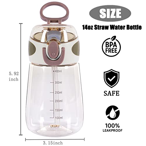 YOBOKO BPA Free Sports Water Bottle with Straw 14oz Bottle with Handle Wide Mouth 400ml Leak-Proof Straw Bottles for Boys,Girls,Adults (Grey)
