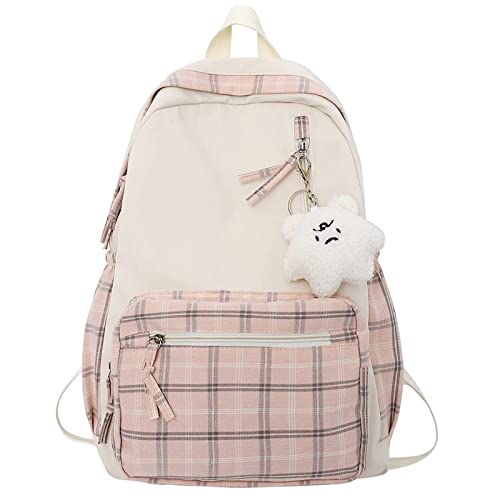 DIKXO Backpack Backpack, Large Capacity Casual Daypack Kawaii Plaid School bags Preppy Backpack for School for Teens Girls Women Students (Pink)