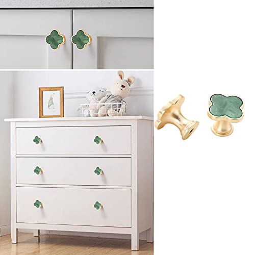 Gold-t Drawer Knobs Girls Room Cabinet Knobs Pull Handles Clover Brushed Brass Kitchen Cabinet Handles Cupboard Bathroom Door Knobs Dresser Hardware for Drawers Shell (4, Green)