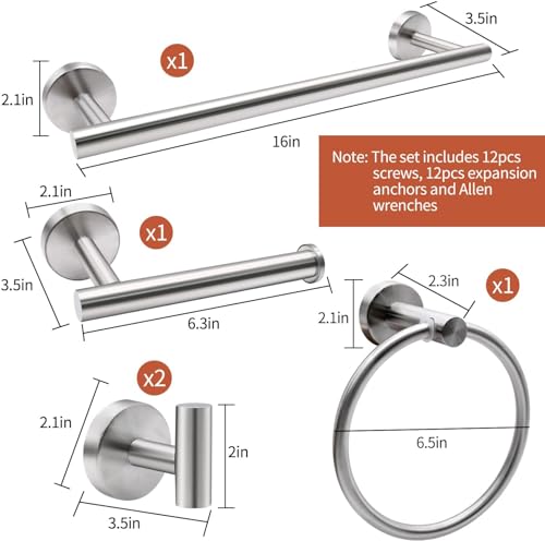 Lomeshow 5pcs Bathroom Hardware Set, Matte Black/Brushed Nickel/Brushed Gold Bathroom Hardware Set, Including 16" Hand Towel Bars, Toilet Paper Holders, Towel Rings, Robe Towel Hooks (Silvery)