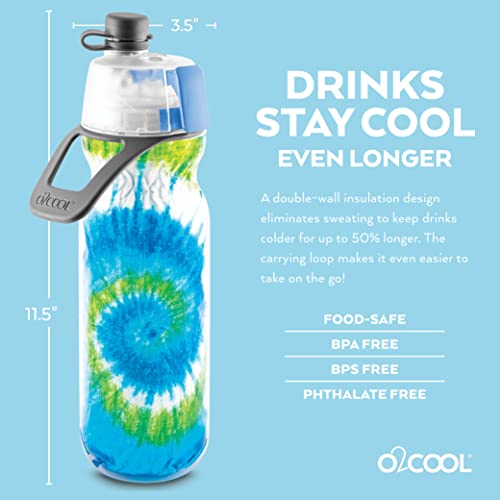 O2COOL Mist 'N Sip Misting Water Bottle 2-in-1 Mist And Sip Function With No Leak Pull Top Spout (Tie Dye Blue)