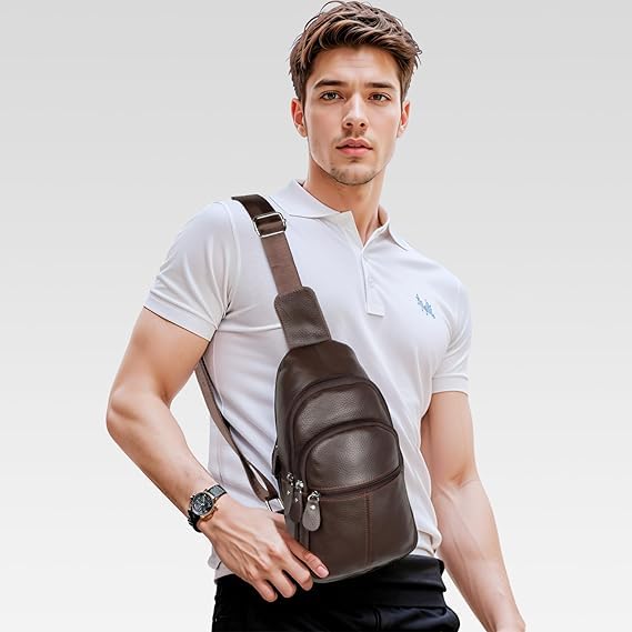 SVNXI Genuine Leather Sling Crossbody Bag,Fashion Chest,Casual Shoulder Bag for Men Women Work Travel Cycling