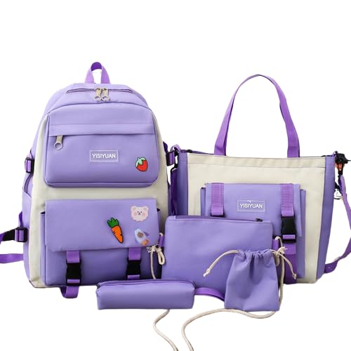 TAPIT 5PCS School Backpacks Combo Set with Bear Pendant Back to School Supplies Cute Schoolbag Lunch Bag Pencil Case Shoulder Bag Travel Bag Gifts for Girls Purple, One Size