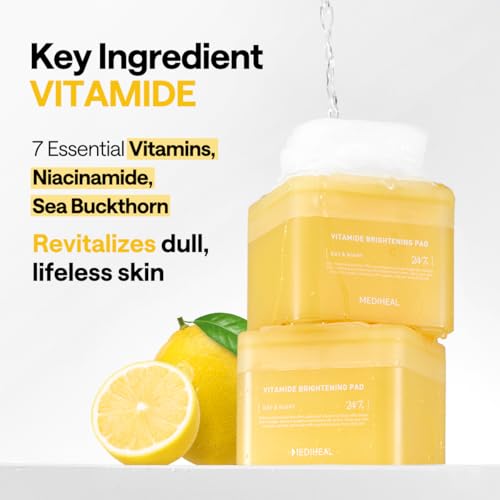 Mediheal Korean Vitamide Brightening Pad 100 Pads | Day & Night Treatment for Clear, Radiant Skin | Hypoallergenic with Niacinamide & Sea Buckthorn | Boosts Skin Tone & Glow