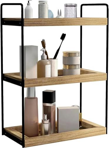U-HOOME 3 Tier Bathroom Countertop Organizer,Wood Bathroom Vanity Organizer Shelf Storage,Bathroom Trays for Counter,Perfume Skincare Organizer Cosmetic Holder Kitchen Spice Rack (3 TIER)