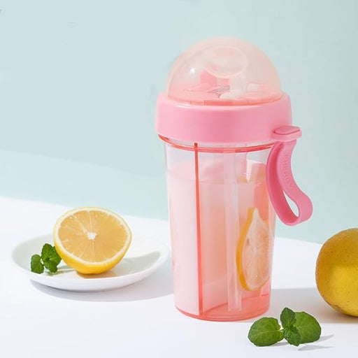 HALAYAYA Double Straw Water Cup Kids School Water Bottles Creative Water Cup One Cup of Two Different Drinks for Couple Outdoor Camping Travel 600ml (pink)