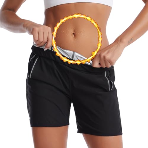 Women's Sauna Sweat Shorts, High Waist Tummy Control Leggings with Pocket, Workout Slimming Pants for Fitness, Running, Yoga