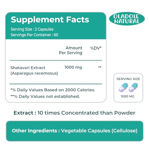 Oladole Natural Shatavari Supplement - 1000mg (120 Capsules) | Improve Hormonal Balance, Women's Reproductive Health, Immune & Inflammatory Support, Mental Clarity | Non-GMO, Gluten Free