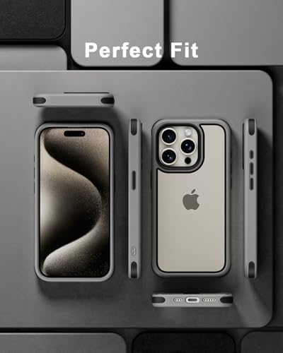 MobNano Compatible with iPhone 15 Pro Max Case, with Multicolor Protective Shockproof Bumpers, Crystal Clear Not Yellowing Anti-Scratch Hard PC Back & Soft Silicone TPU Frame Cover - Grey/Black