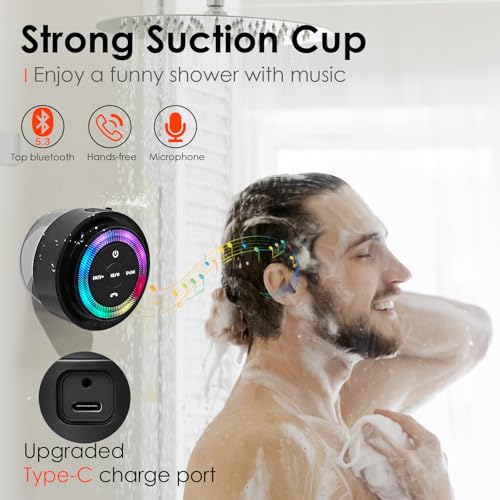 XLEADER Shower Speaker, Certified IPX7 Waterproof Bluetooth Wireless Speaker with Lights, Suction Cup and Mic for Bathroom, Crystal Sound&Bass, 12H Playtime, Ideal Electronic Gift