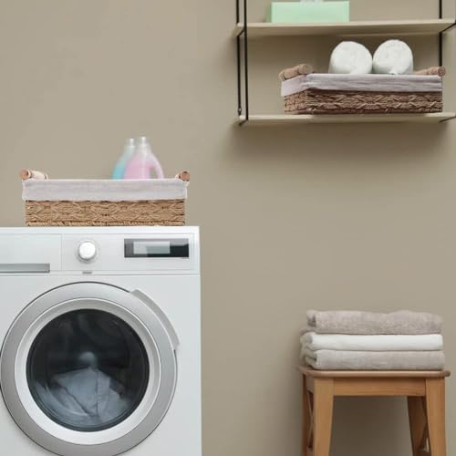 BOBBYQ Round Paper Rope Storage Basket Wicker Baskets for Organizing with Handle Decorative Storage Bins for Countertop Toilet Paper Basket for Toilet Tank Top Small Baskets Set (Set of 2,Beige)