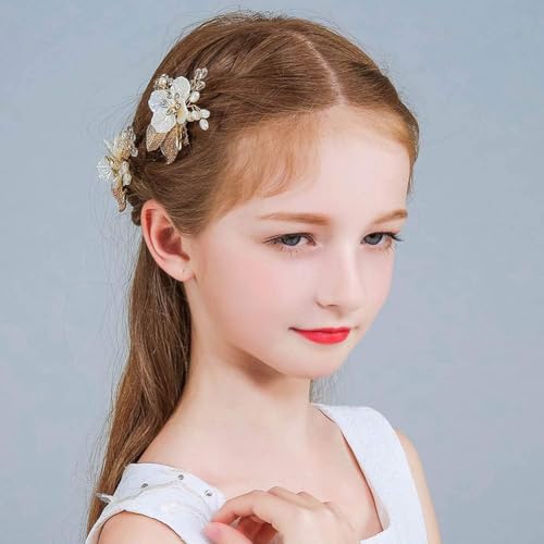 Wedding Flower Girl Hair Pins Bride Pearl Hair Piece Crystals Hair Clips Bridal Hair Accessories for Women and Girls Pack of 2 (Gold)